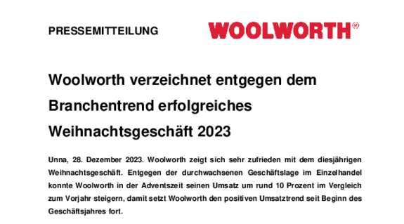 Woolworth verzeichnet entgegen dem Branchentrend erfolgreiches Weihnachtsgeschäft 2023 - Dezember 2023